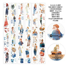 Set of illustrated stickers with people and animals on a white background