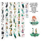 Set of illustrated stickers with various characters and scenes on a white background
