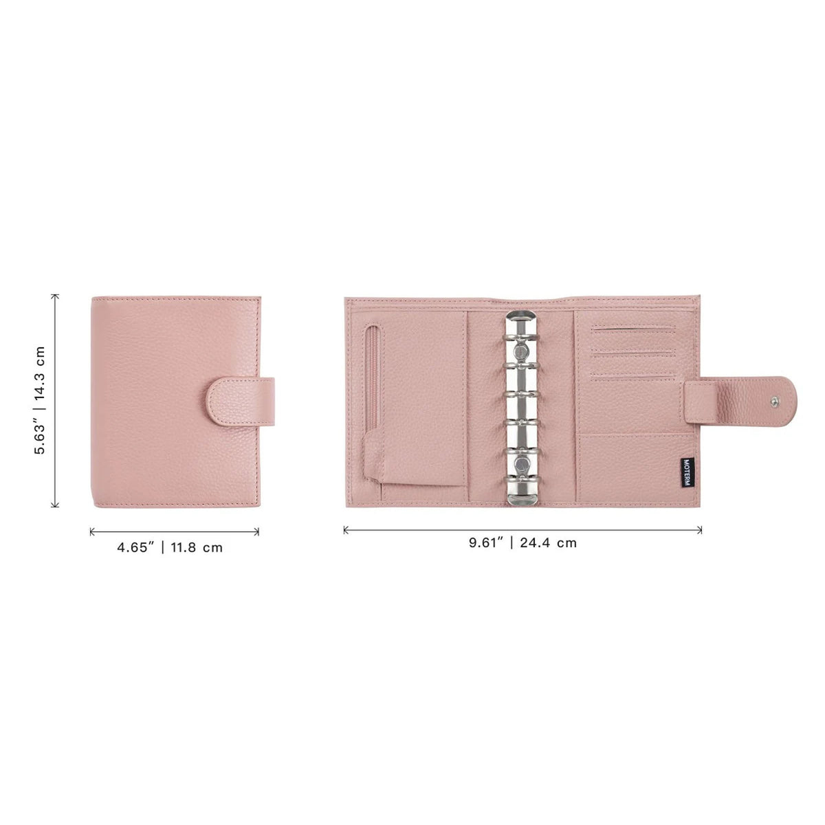 Regular 2.0 Rings Planner Pocket by Moterm — front-and-back size reference diagram, for journaling