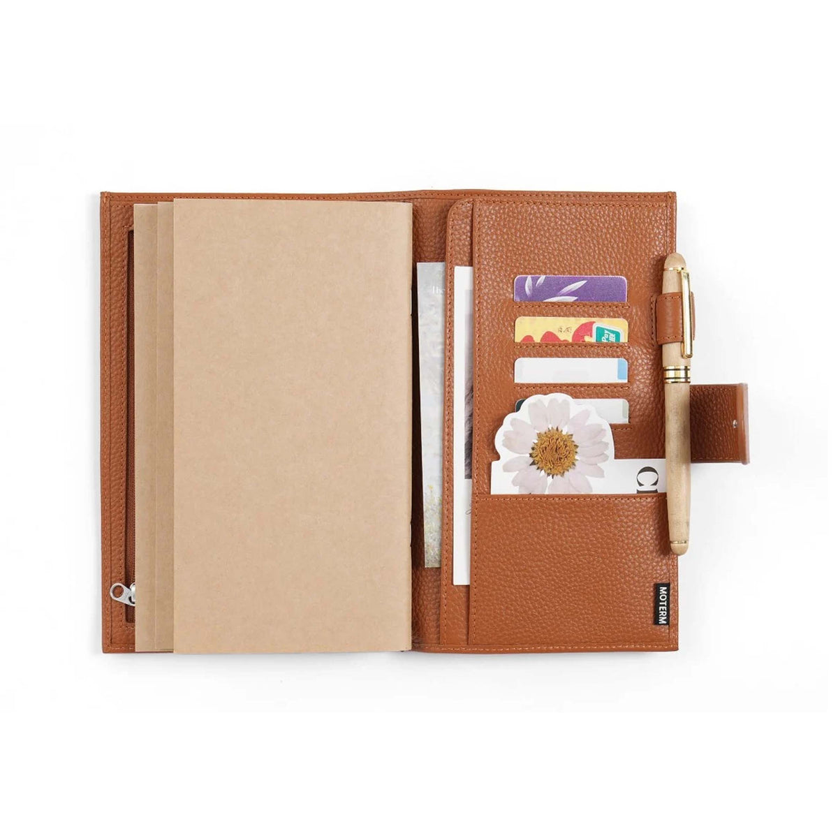 Companion Traveler Notebook Cover Standard by Moterm — pebbled-leather cover open with card slots and pen, for journaling