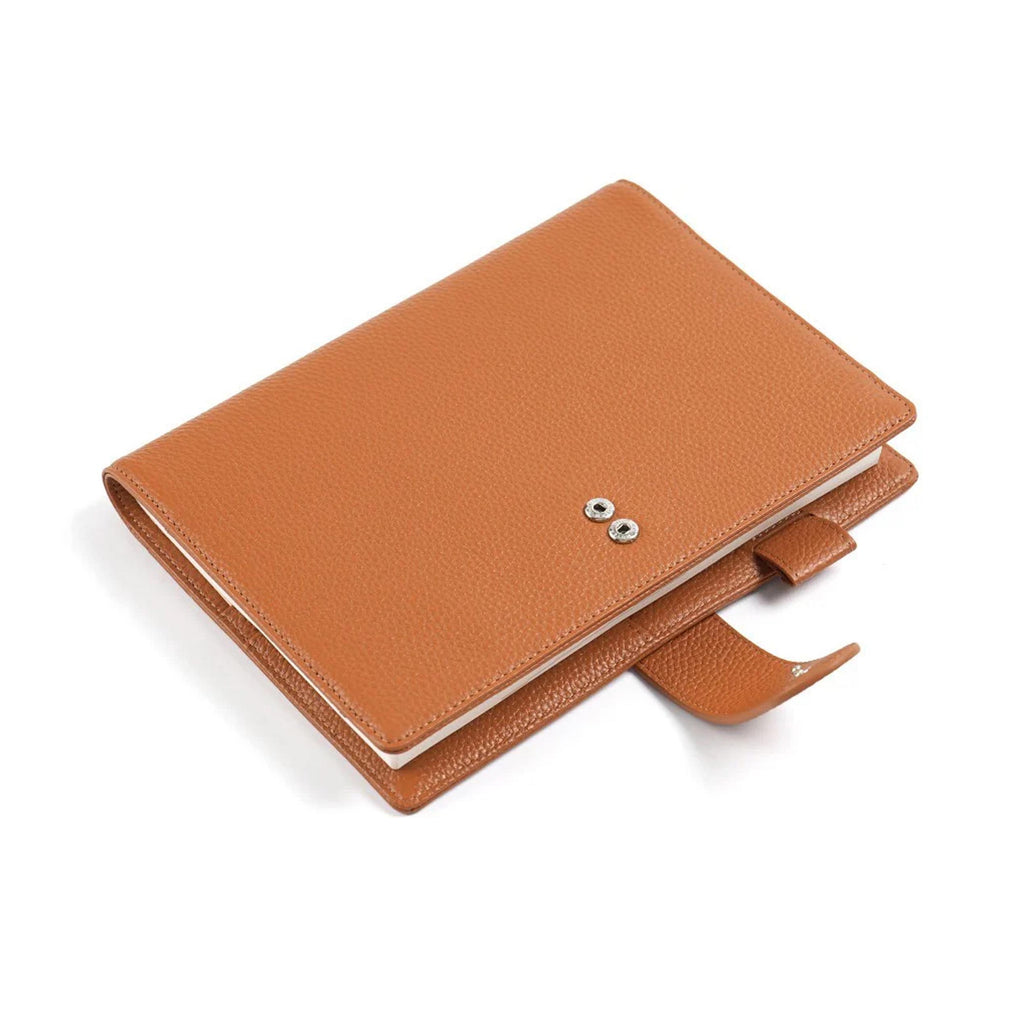 Elite Planner Cover A5 by Moterm — tan pebbled-leather cover with snap buttons, for journaling