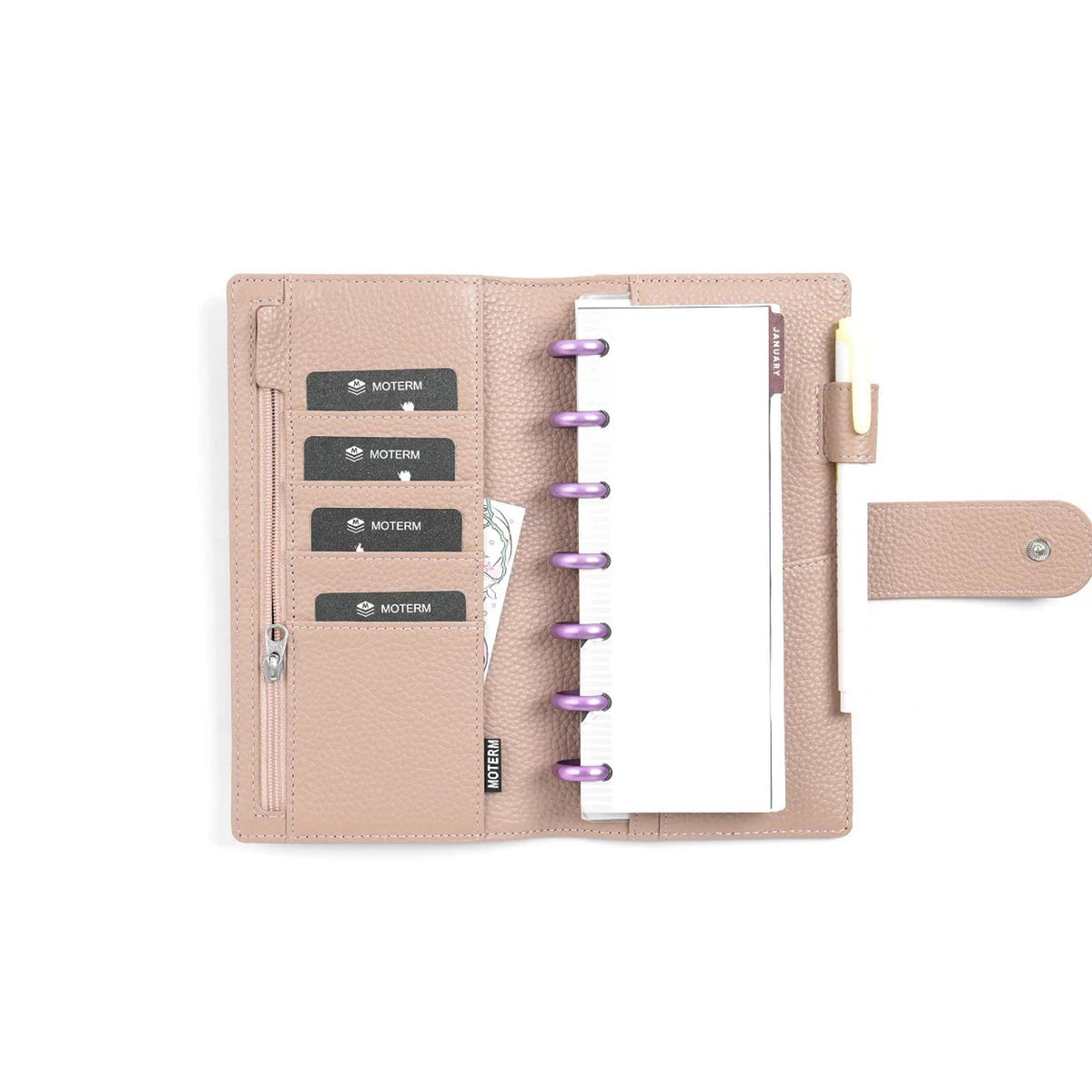 Elite Planner Cover Weeks by Moterm — beige pebbled-leather planner open with card slots and pen, for journaling