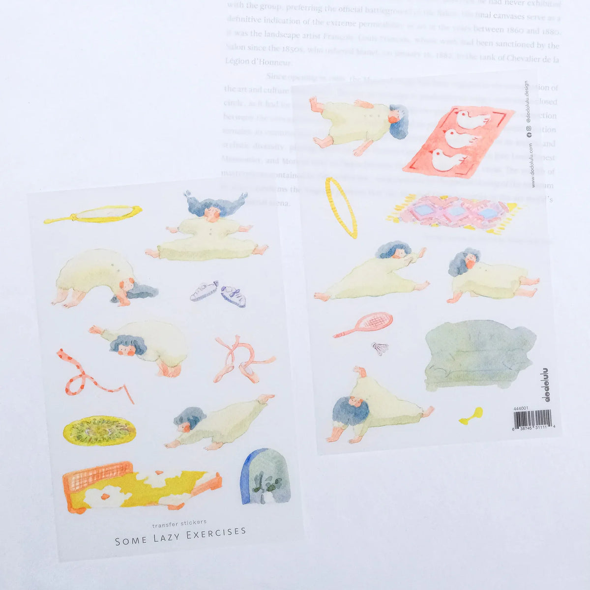 Some Lazy Exercises Transfer Sticker by Dodolulu — cartoon-character rub-on transfer sticker sheet, for journaling