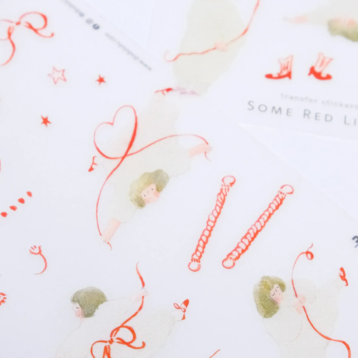 Some Red Lines Transfer Sticker by Dodolulu — red cherubs, hearts and bows transfer sticker design, for journaling