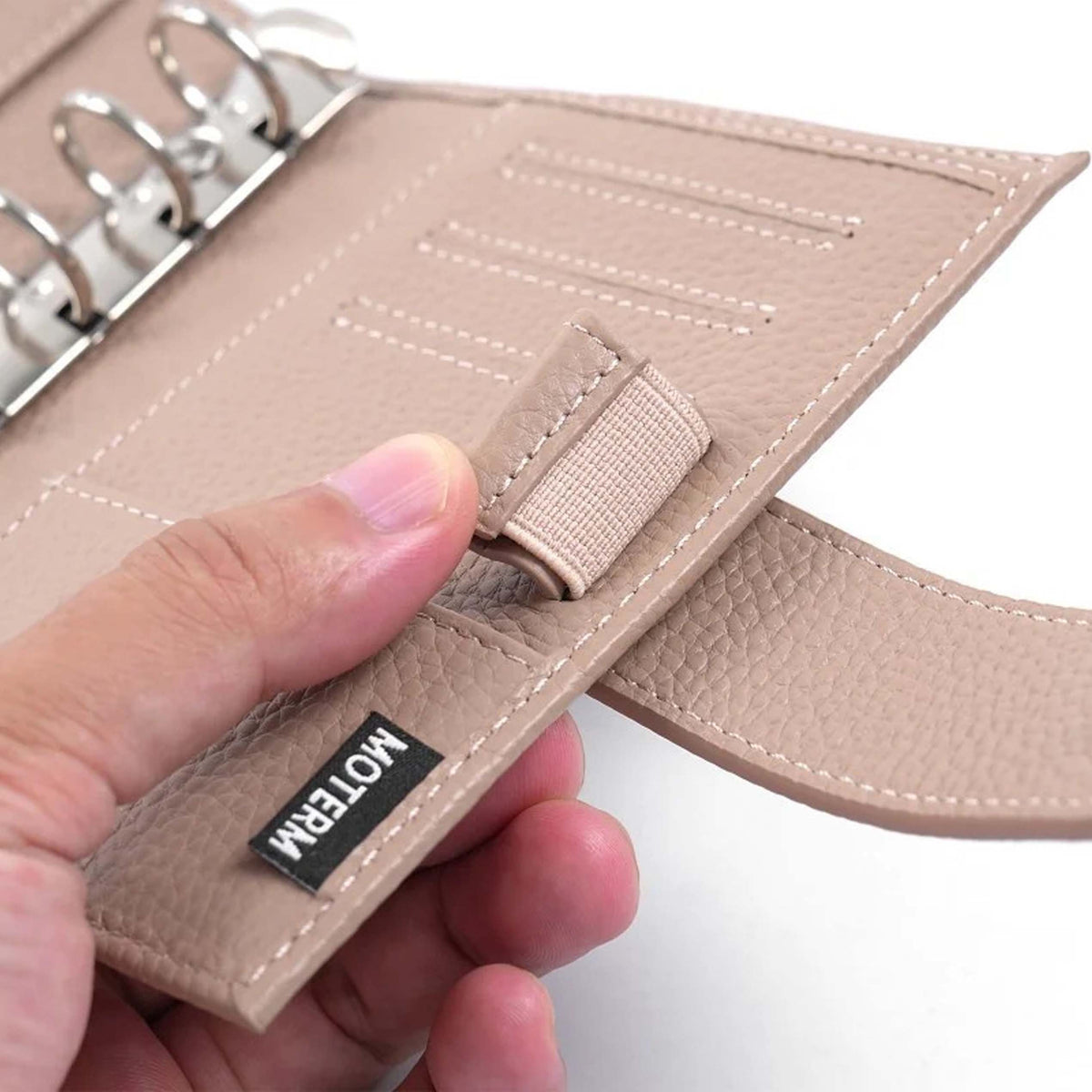 Regular 2.0 Rings Planner Pocket by Moterm — beige pebbled-leather ring planner held open, for journaling