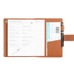 Elite Planner Cover A5 by Moterm — brown pebbled-leather cover open with insert and pen, for journaling