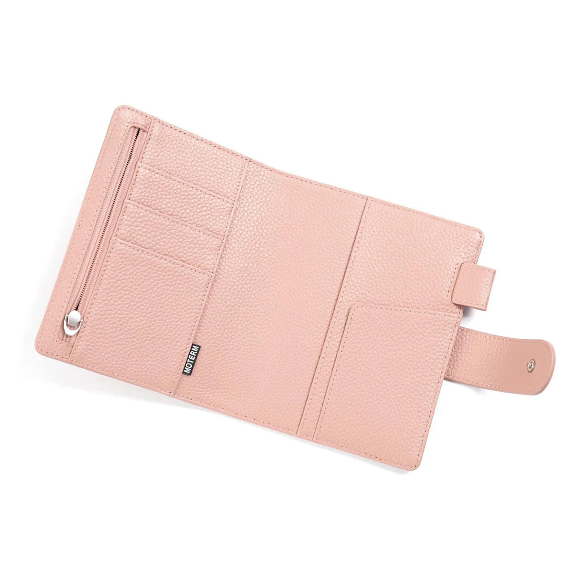 Elite Planner Cover A6 by Moterm — pink pebbled-leather cover open showing card slots, for journaling