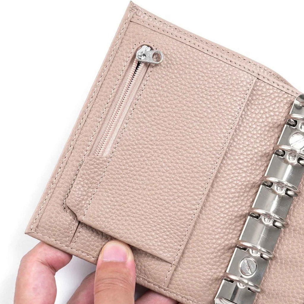 Regular 2.0 Rings Planner Pocket by Moterm — beige pebbled-leather planner with zip pocket and rings, for journaling