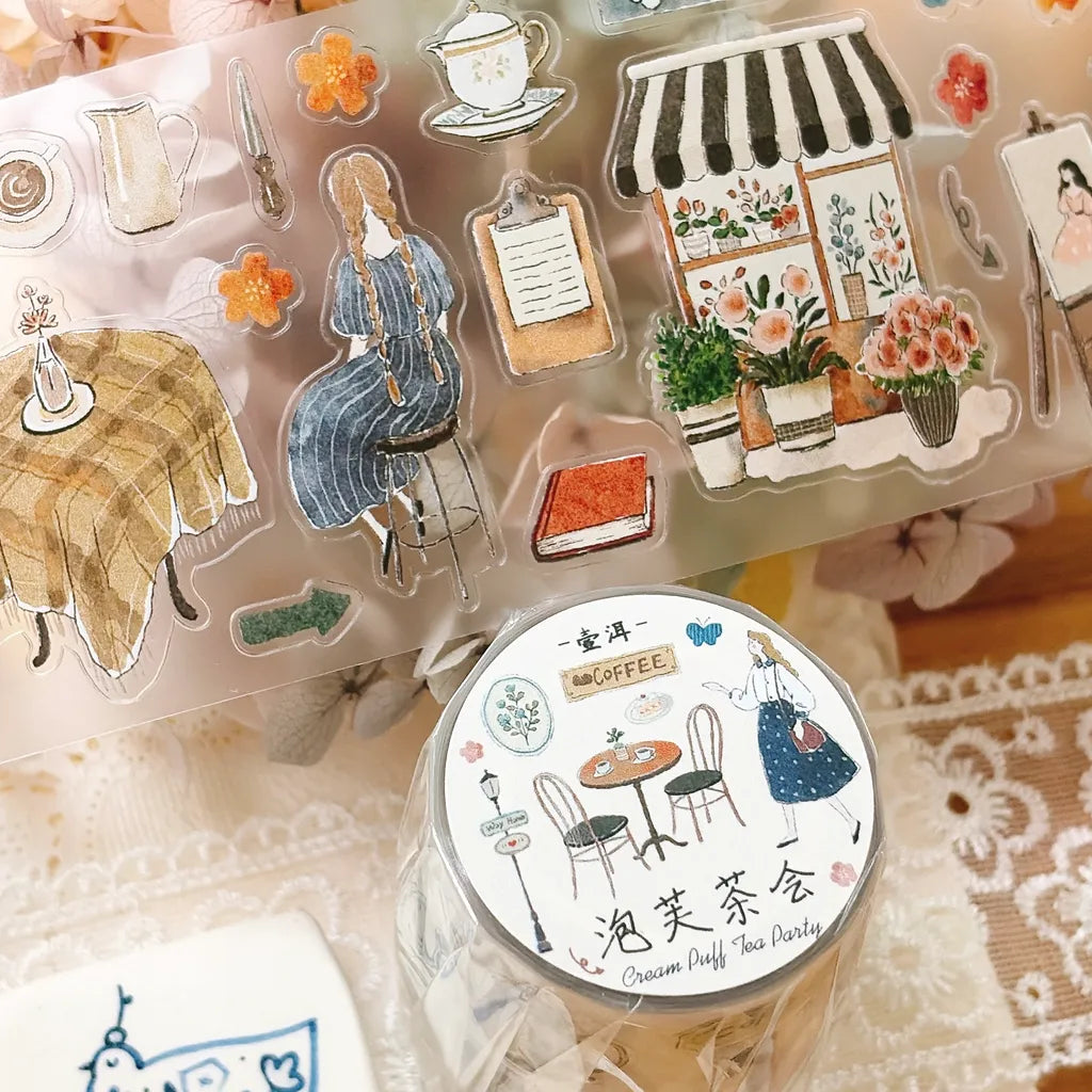 Puff Tea Cutter Type PET Tape by Yier — vintage cafe scene on clear pre-cut PET deco tape, for journaling