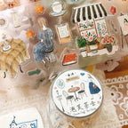 Puff Tea Cutter Type PET Tape by Yier — vintage cafe scene on clear pre-cut PET deco tape, for journaling