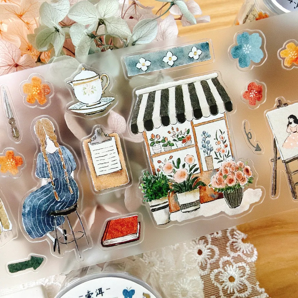 Puff Tea Cutter Type PET Tape by Yier — cafe storefront and seated-woman PET tape design, for journaling