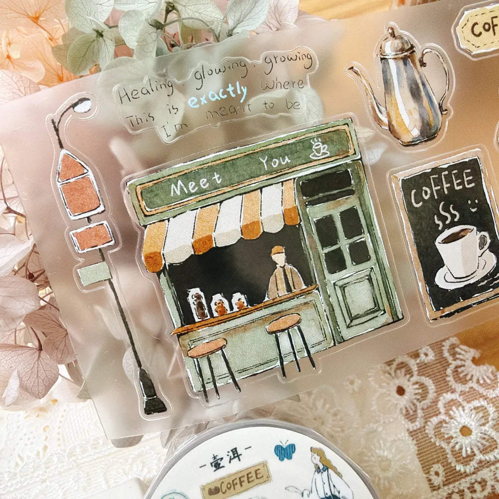 Puff Tea Cutter Type PET Tape by Yier — coffee-shop, teapot and lamp PET tape design, for journaling