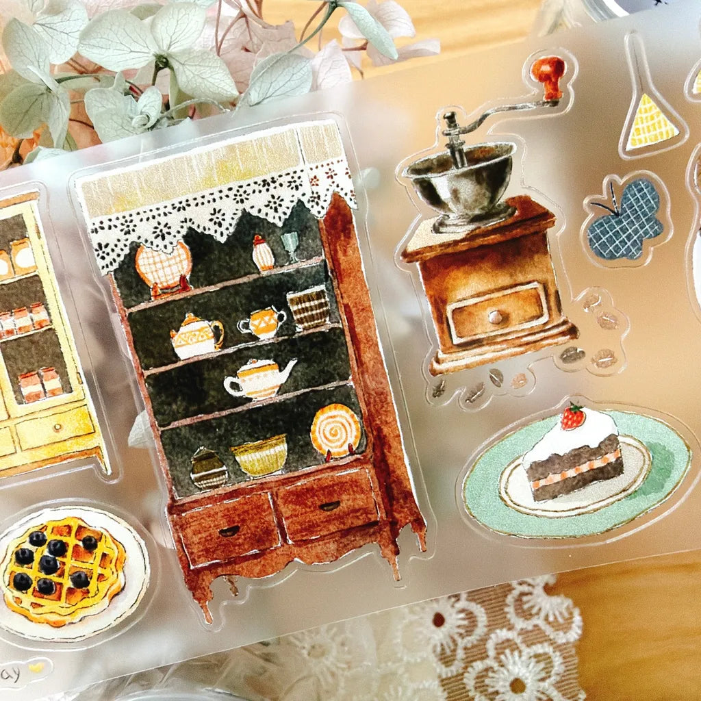 Puff Tea Cutter Type PET Tape by Yier — teacup cabinet and cake PET tape design, for journaling