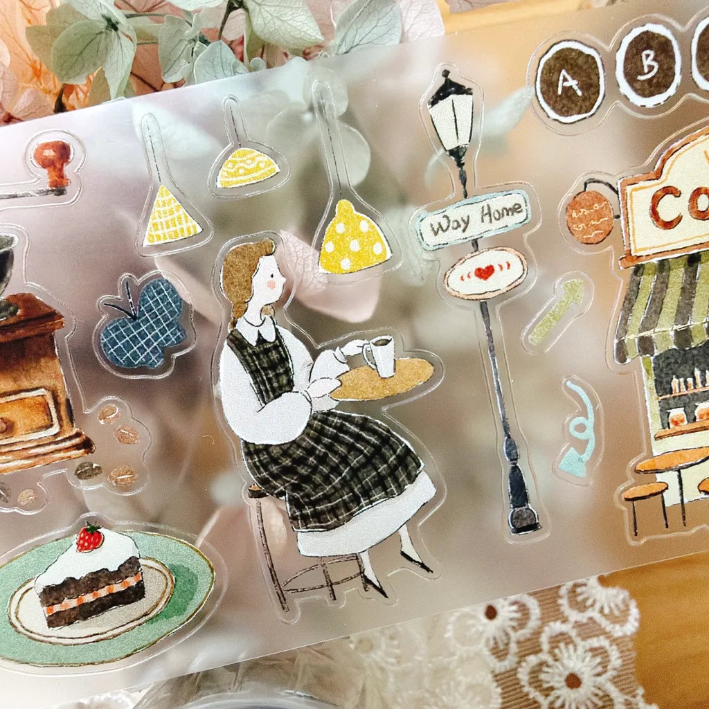 Puff Tea Cutter Type PET Tape by Yier — plaid-dress girl and cafe PET tape design, for journaling