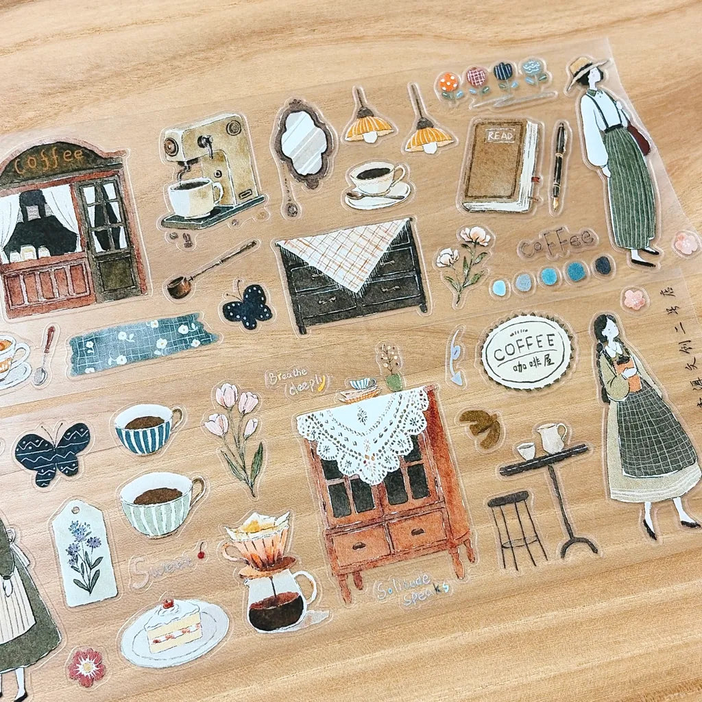 Puff Tea Cutter Type PET Tape by Yier — coffee-shop and beans PET tape design flat lay, for journaling