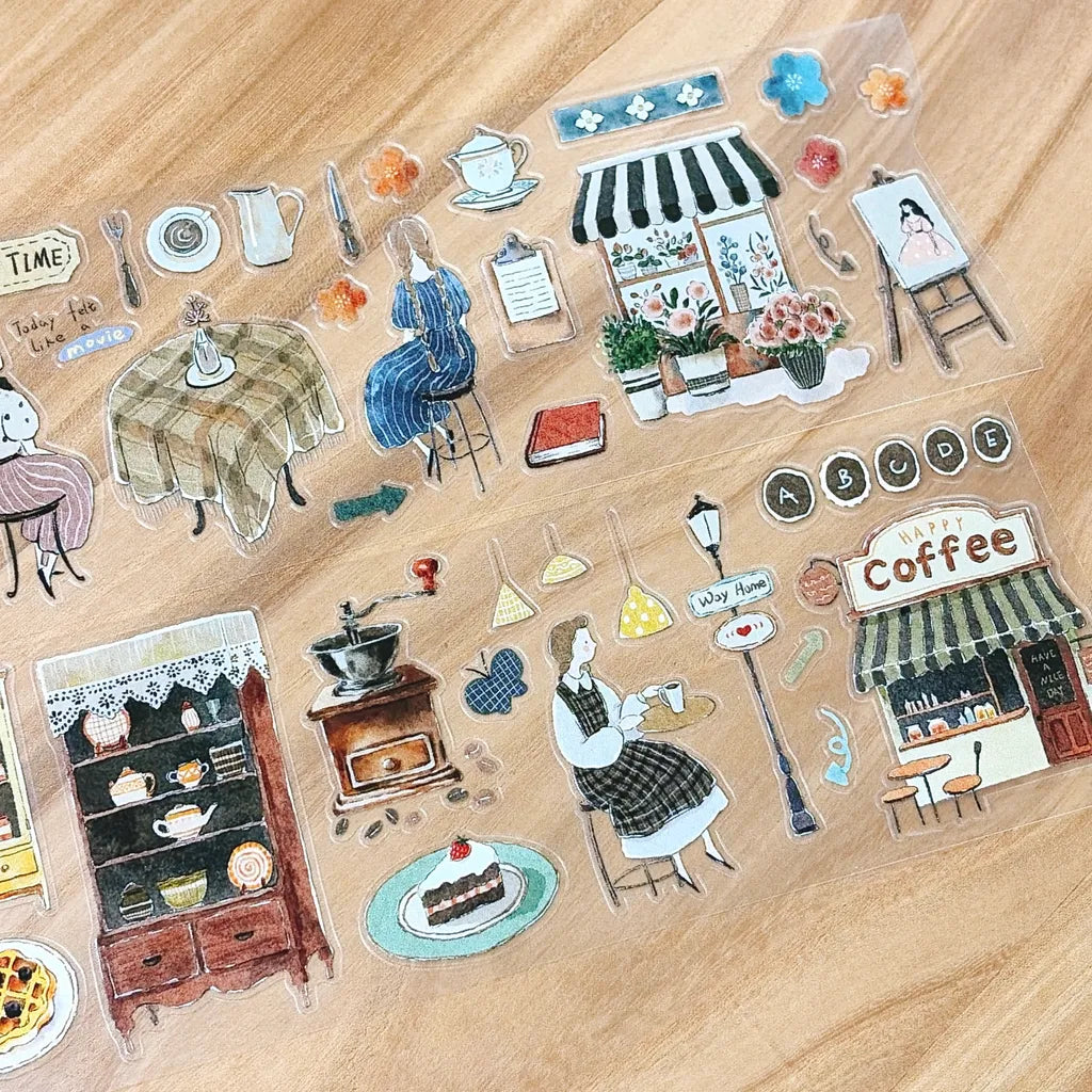 Puff Tea Cutter Type PET Tape by Yier — vintage coffee-shop PET tape design flat lay, for journaling