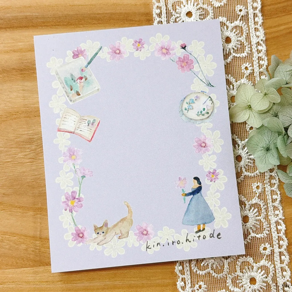 Autumn Selection Memo Pad by Kin .iro.hitode — lavender watercolour girl-and-cat memo sheet, for journaling