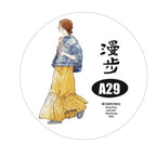 Illustration of a person wearing a yellow dress and blue jacket with text and design elements on a white background.