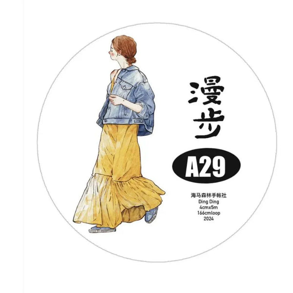 A29 PET Tape by DingDing with a figure in a yellow dress and blue jacket plus text on white