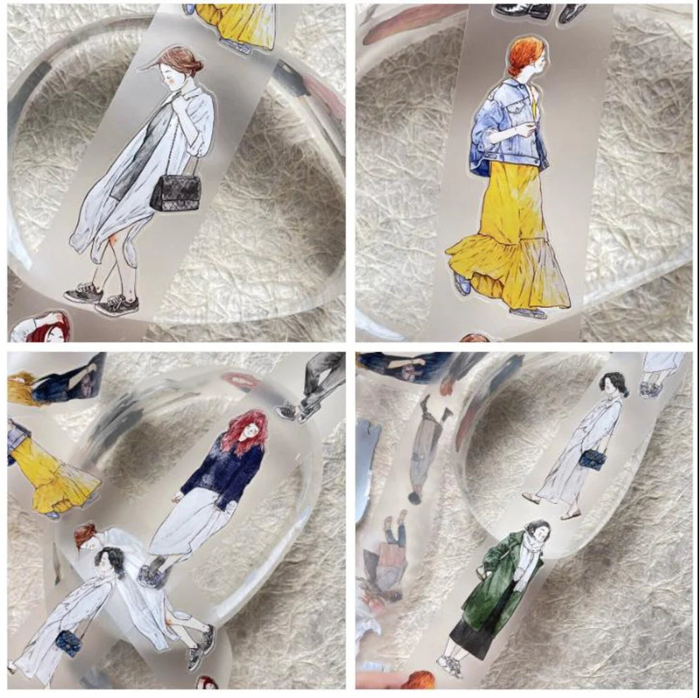 Four-panel collage of A29 PET Tape figures in different outfits on a textured surface