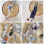 Collage of fashion illustrations of women in various outfits on a textured beige background.