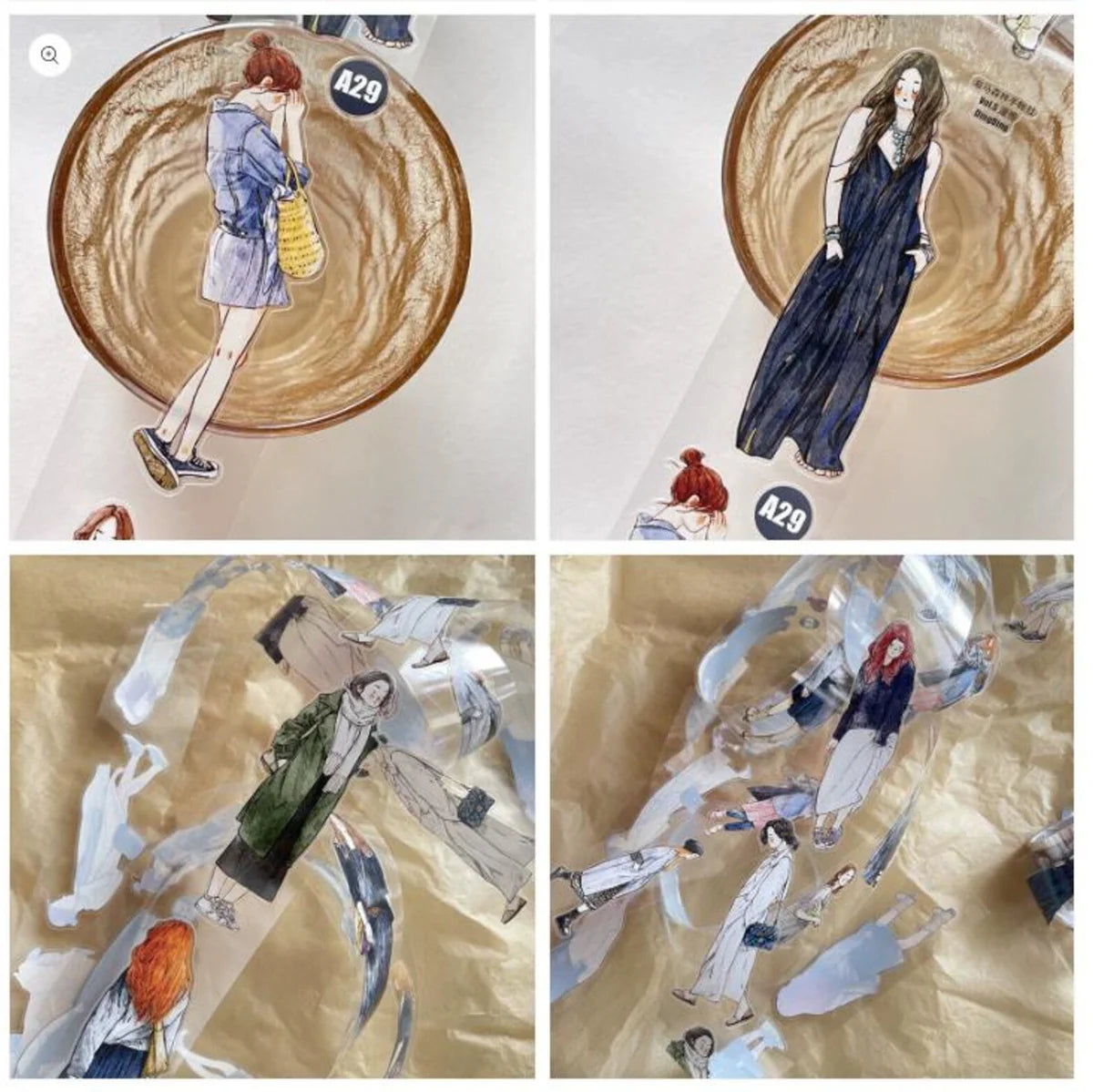 Collage of A29 PET Tape fashion illustrations of women on a textured beige background