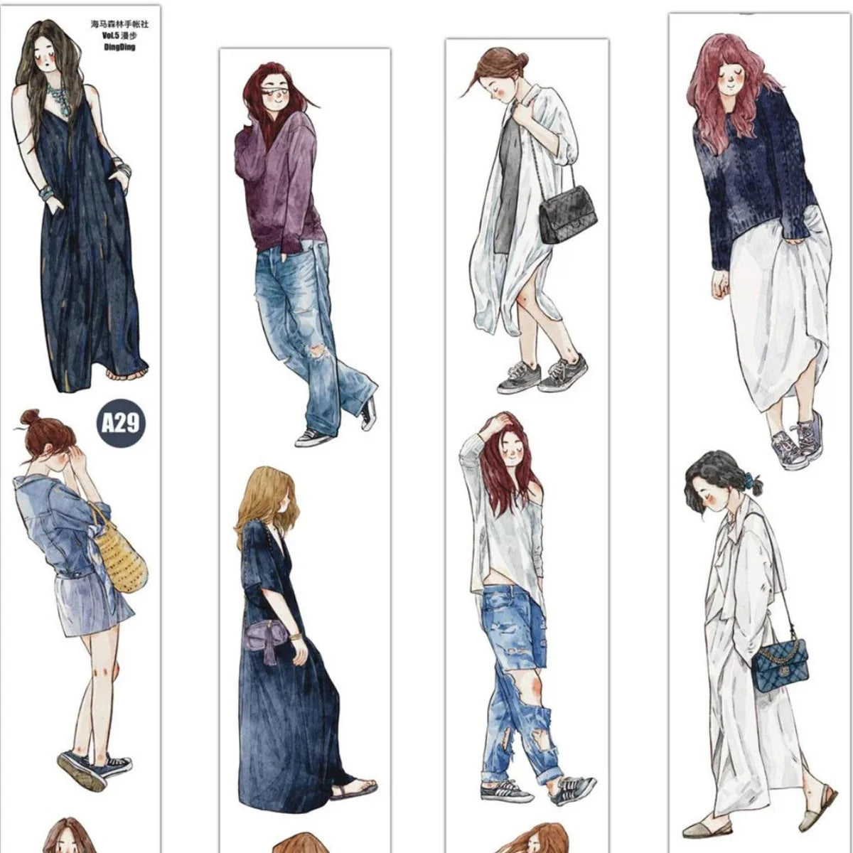Second sheet of A29 PET Tape stylish women illustrations displayed on a white background