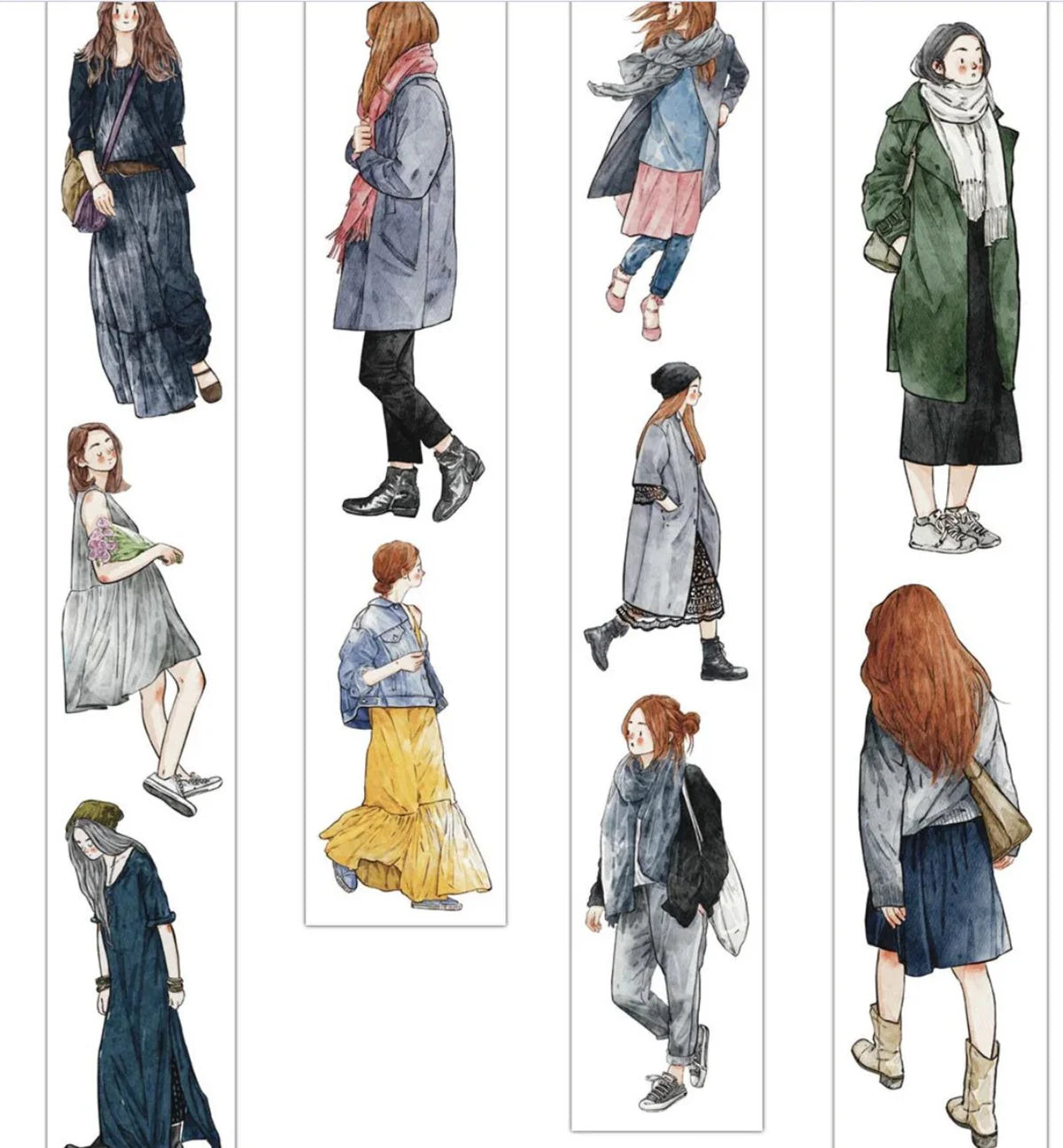 A29 PET Tape sheet of stroll-themed women illustrations in varied outfits on a white backdrop