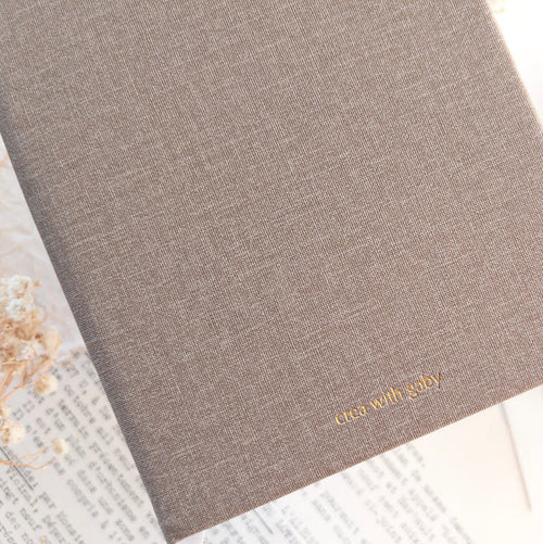 Brown textured notebook with 'Crea with Gaby' branding on a light background