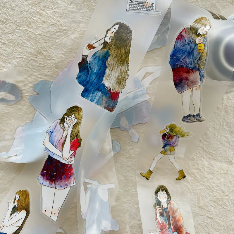 Colorful A Cup 38 PET Tape people illustrations arranged together on a textured surface