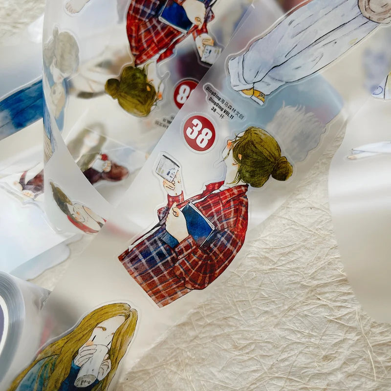 A Cup 38 PET Tape decorative figure cutouts arranged in a flat lay on a textured surface