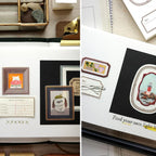 Collage of framed artwork and stationery items on a desk.