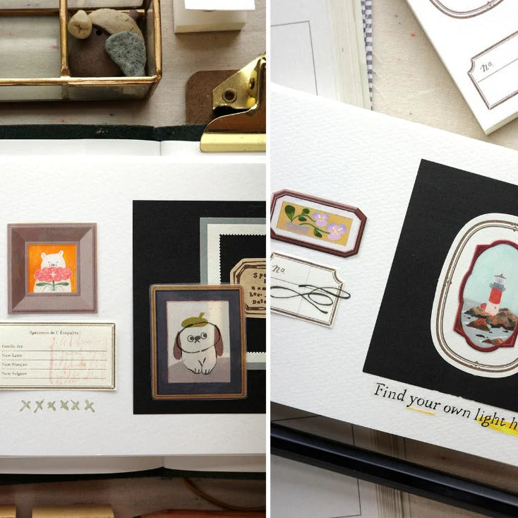 A Walk In The Gallery PET Tape framed-artwork collage styled with stationery items on a desk