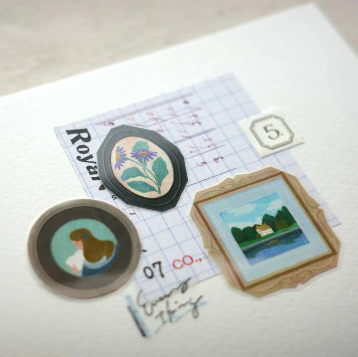 Decorative stickers on a piece of paper with text and numbers