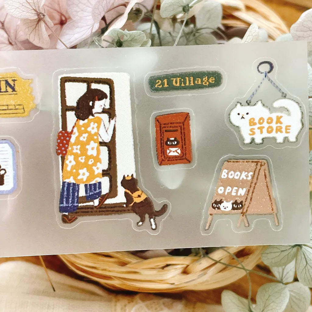 A Moving Day Crystal PET Tape woman, dog and bookstore illustrations on a clear background