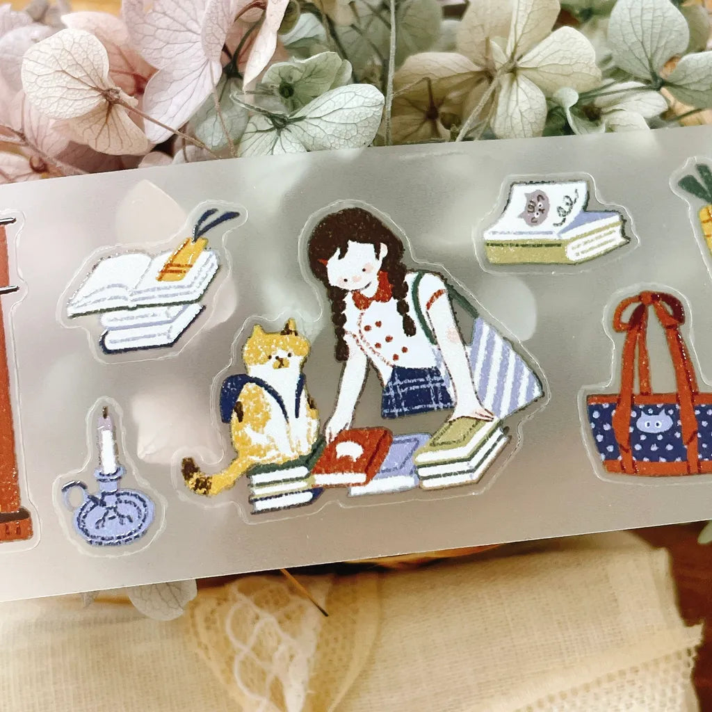 A Moving Day stickers of a girl with a cat, books and a handbag on a floral background