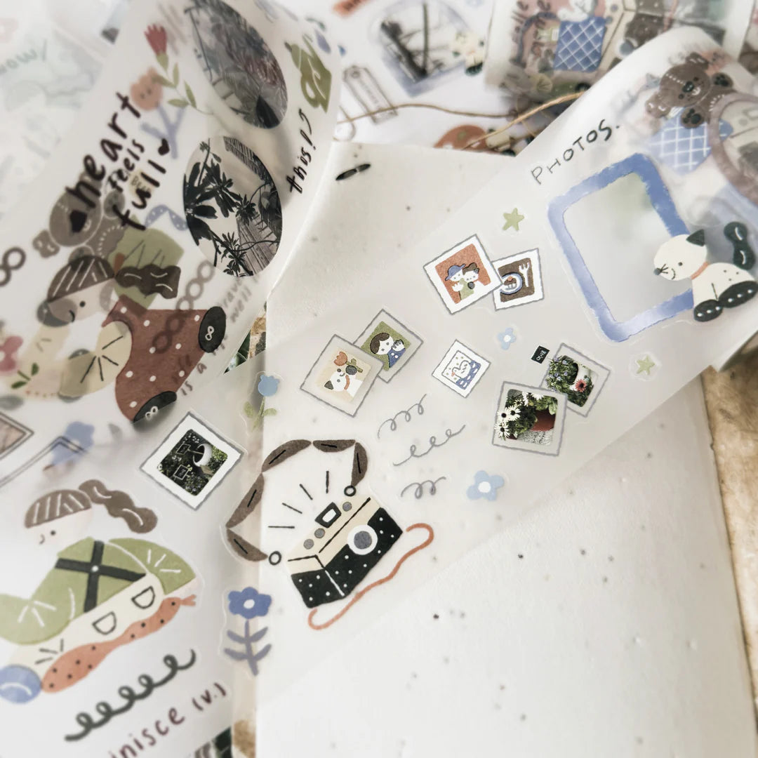 Decorative paper with various illustrations and text on a white background