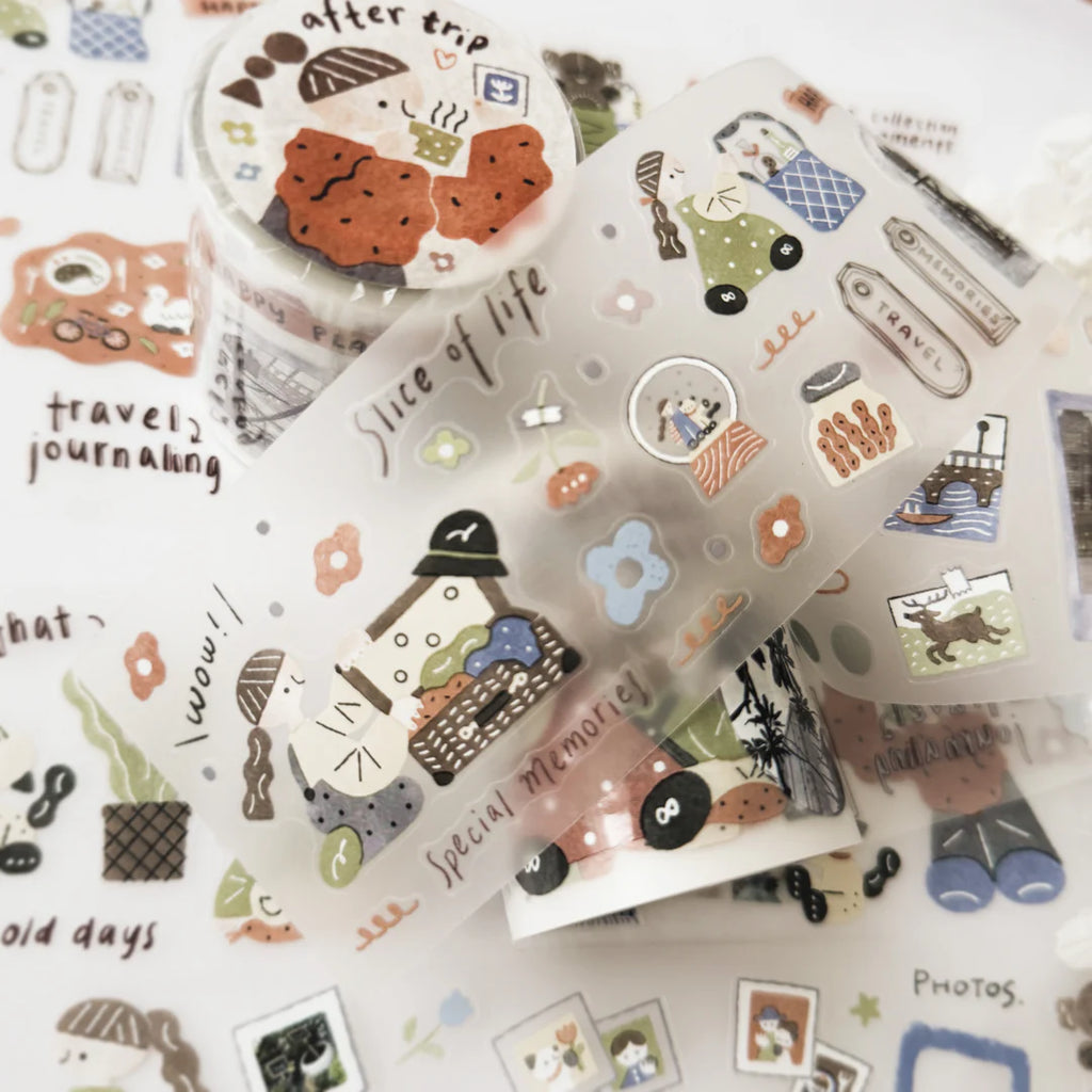 Decorative washi tape with travel-themed designs on a white background