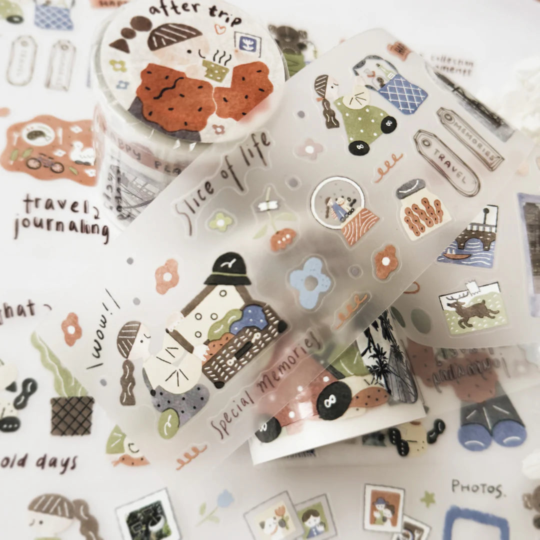 Decorative washi tape with travel-themed designs on a white background