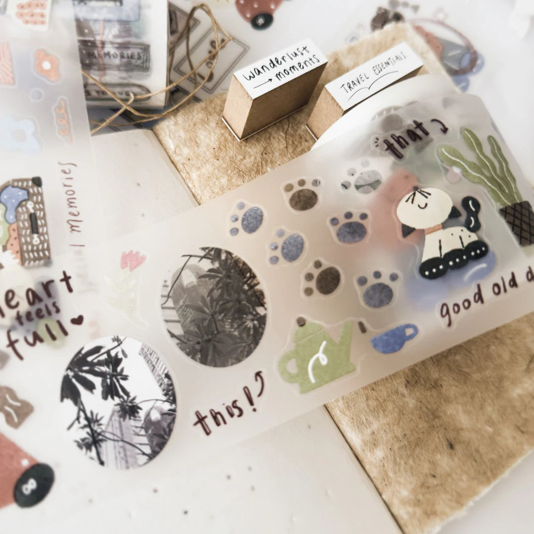 After Trip PET Tape sticker designs arranged in a flat lay on a white surface, detail view