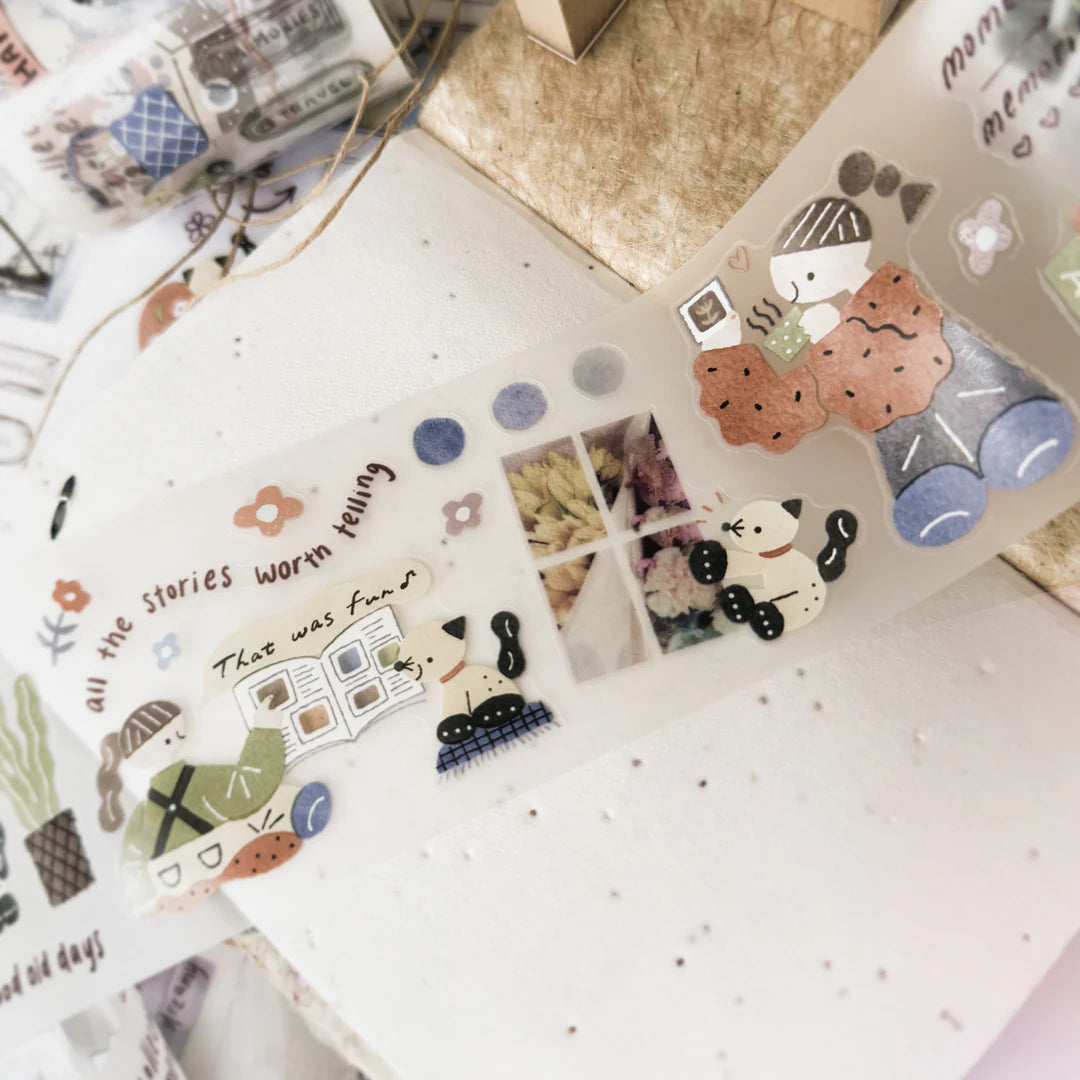 After Trip PET Tape sheet of cute illustrations with text on a white surface, detail view