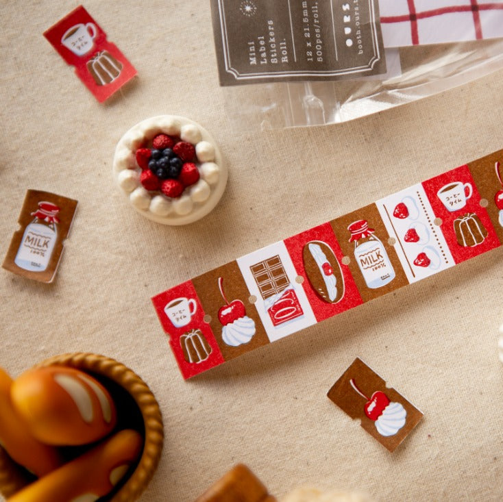 Close-up of the Afternoon Tea Time Label Sticker Tape roll of retro minimal designs