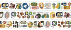 Decorative tape with various illustrations and text on a white background