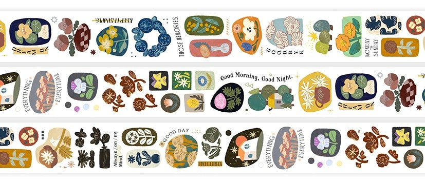 Strip of All the Flowers PET Tape illustrations and text on a white background, detail view