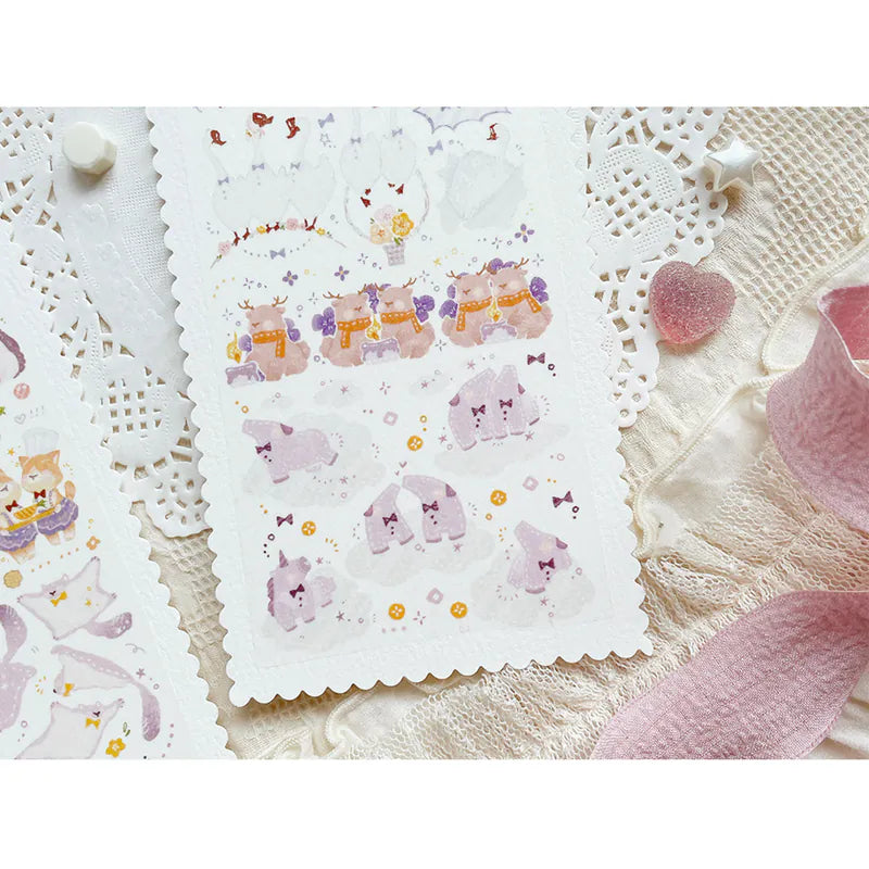 Sheet of Animals In A Row PET Tape adorable animal illustrations on a textured surface