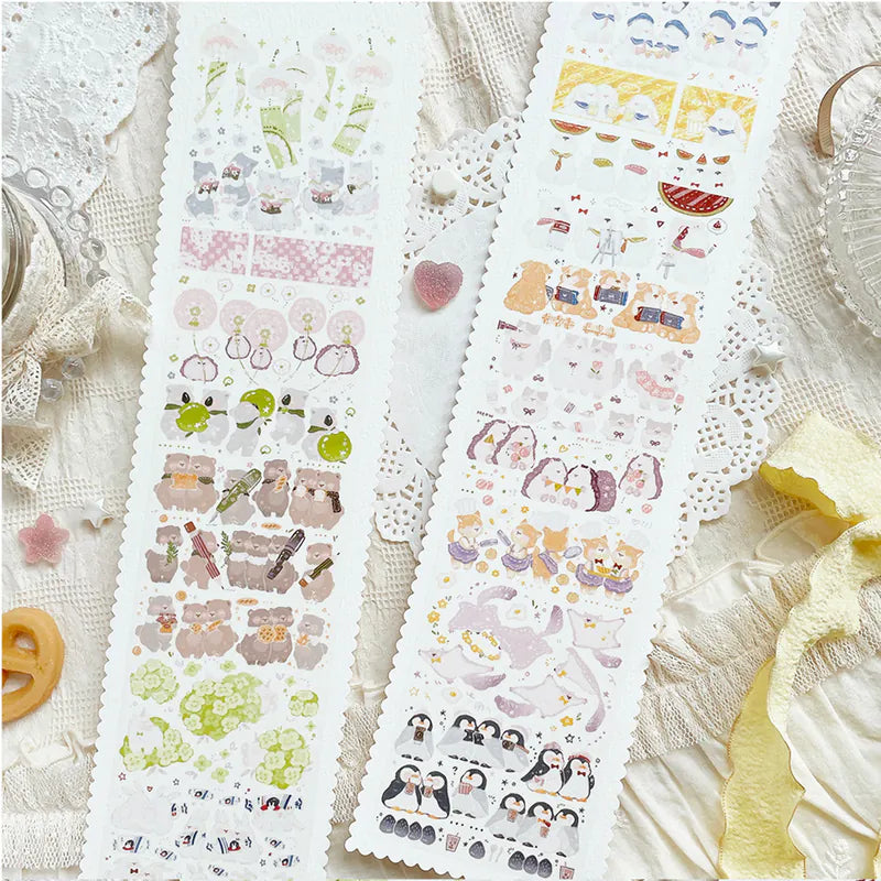 Animals In A Row PET Tape sticker designs displayed on a delicate lace background