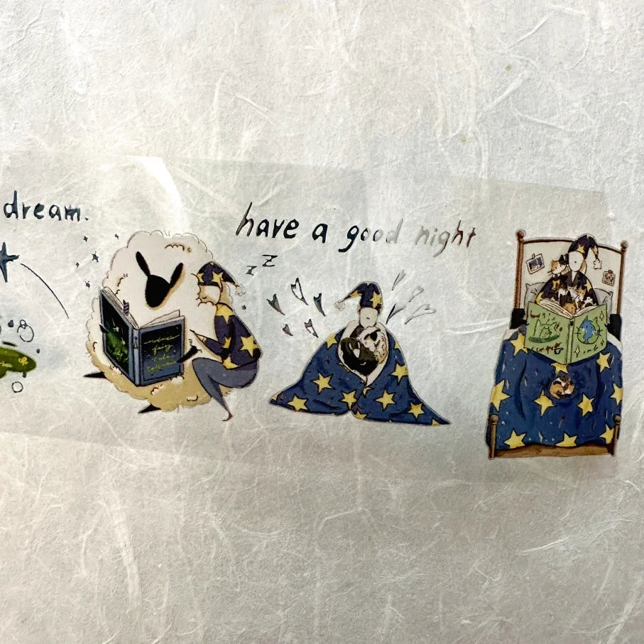 Illustrations of people reading books with stars on their clothing, on a textured gray background.