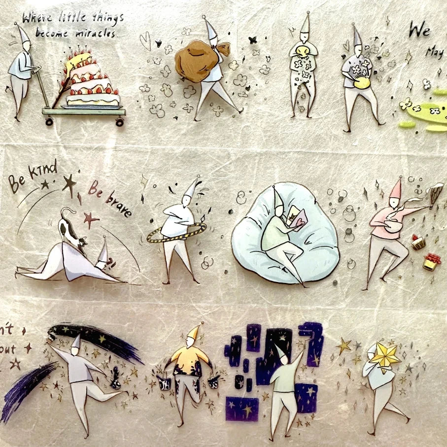 Illustrations of small figures and text on a textured background