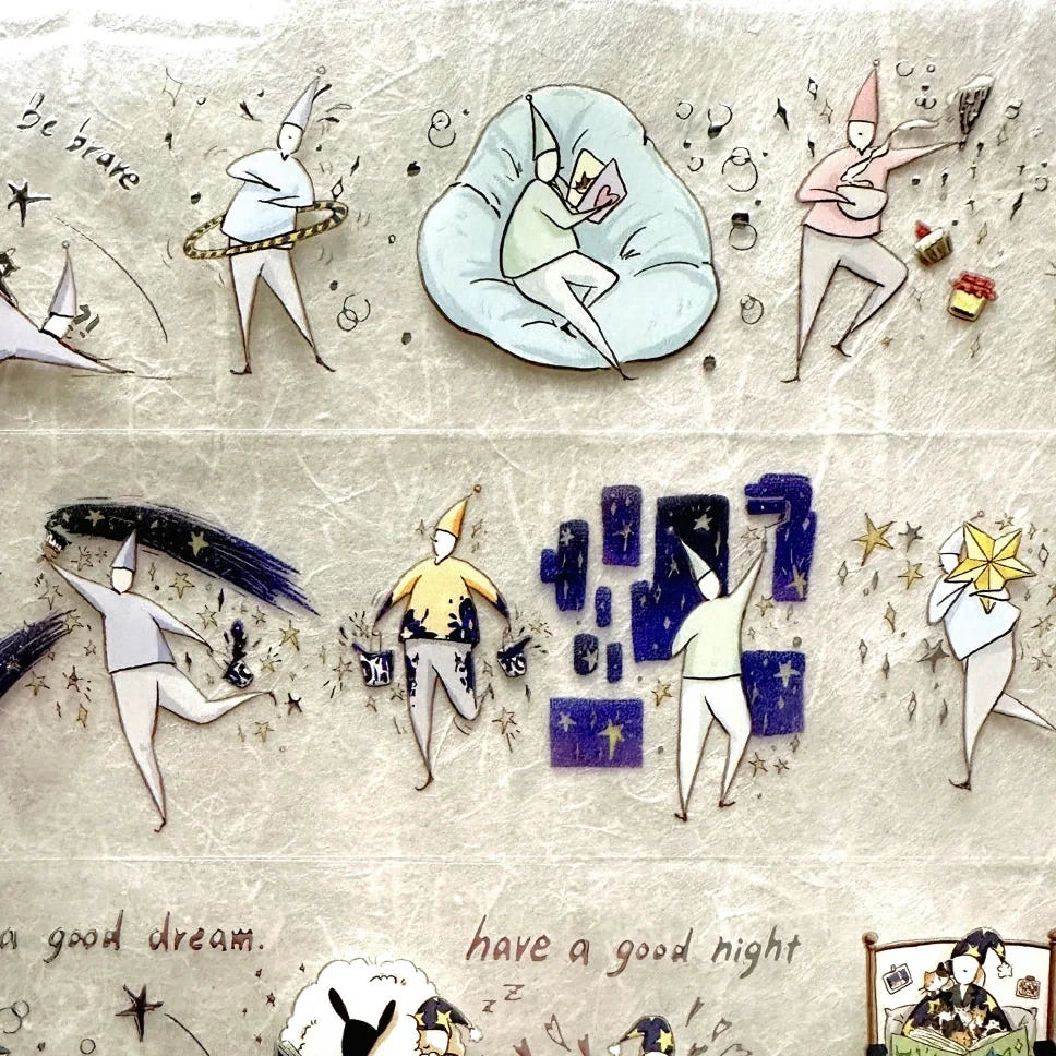Illustrated pattern with people and abstract elements on a textured background