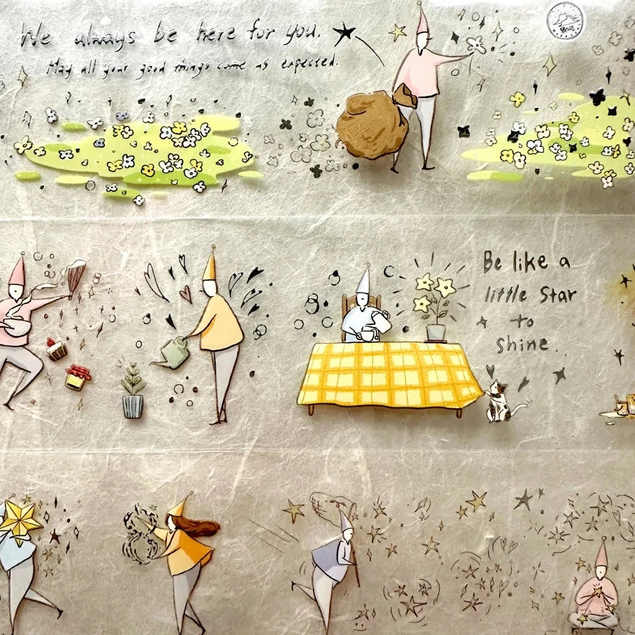 Illustrated scene with people and objects on a textured background with text.